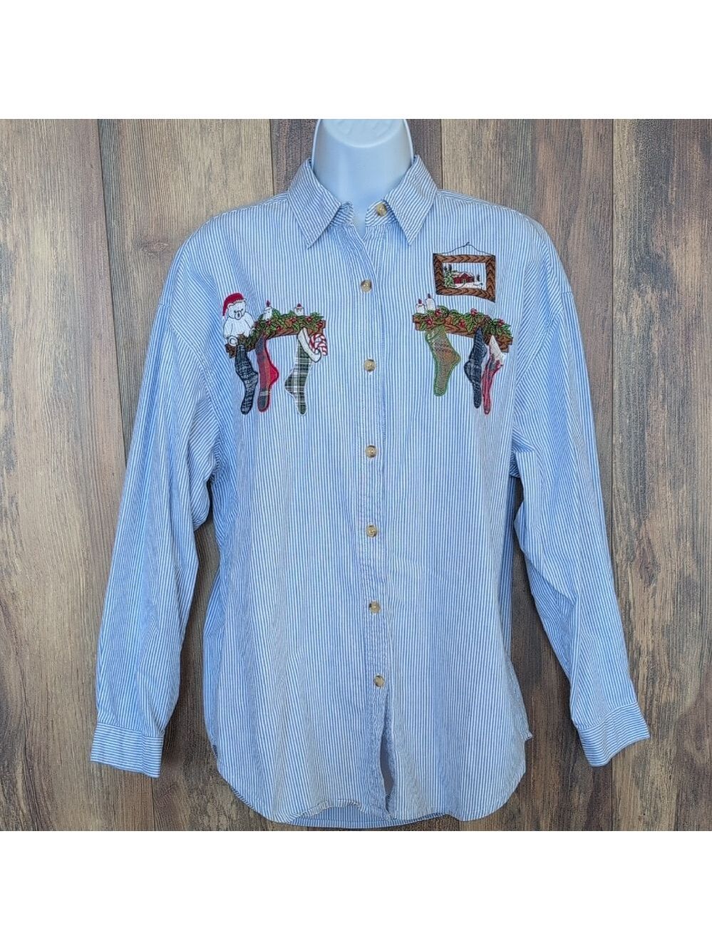 Westport Blue Striped Button Down Shirt with Festive Embroidery L          1028A